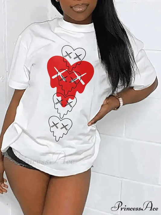 Heart Print Raglan Trendy Short Sleeve Tee White / S