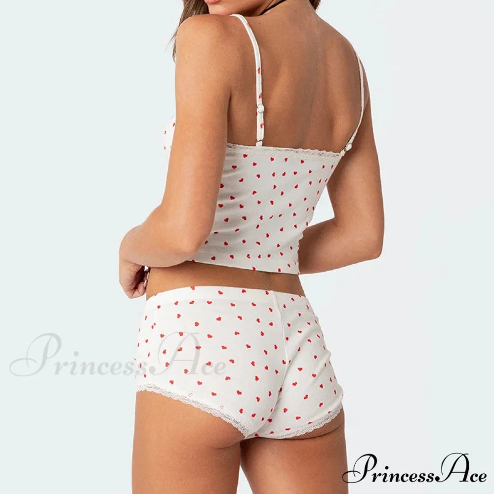Heart Printed Cute Lace Trim Camis Micro Shorts Two Pieces Set twopiecesset-250126