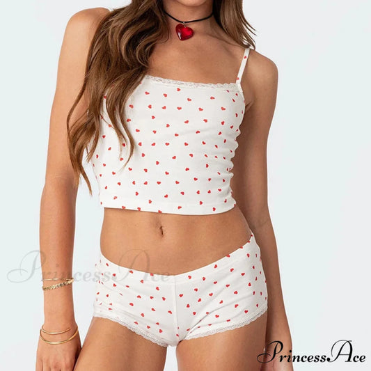 Heart Printed Cute Lace Trim Camis Micro Shorts Two Pieces Set WHITE / S twopiecesset-250126