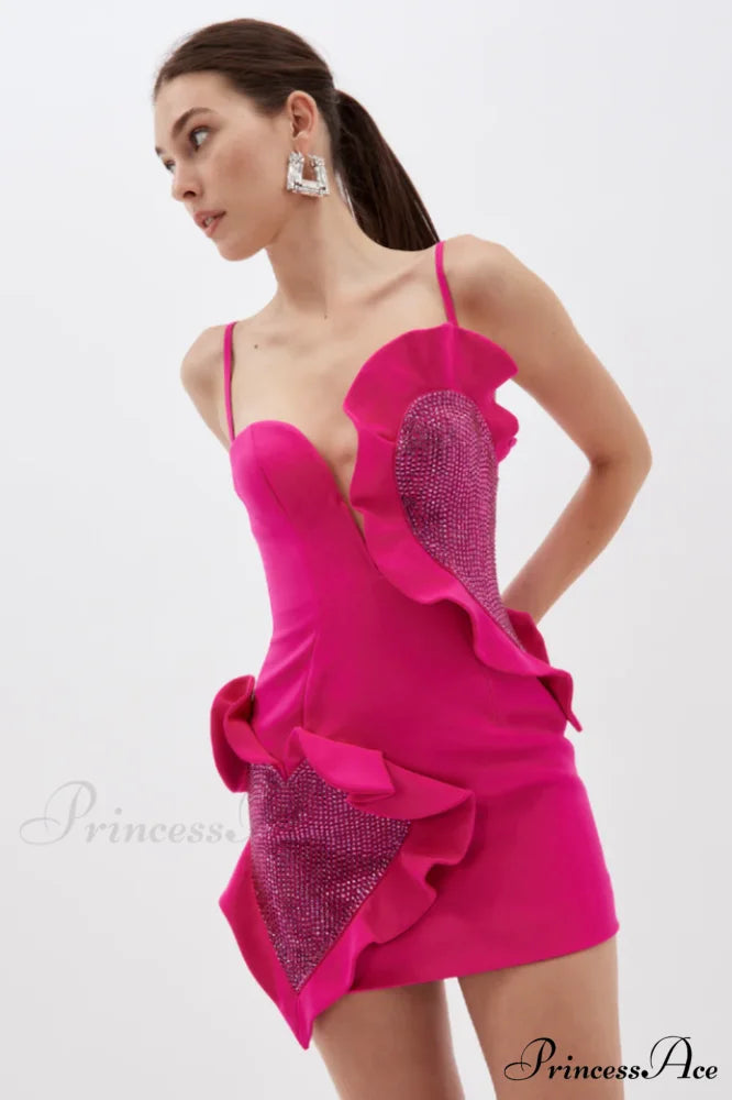 Heart Ruffle Stylish Fuchsia Mini Dress