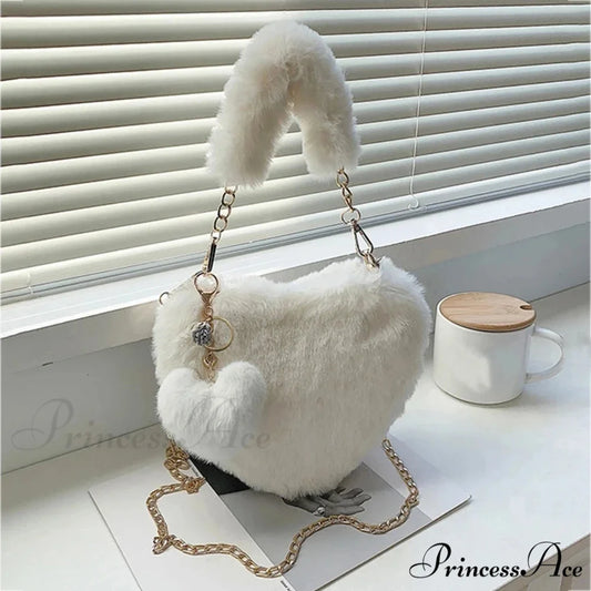 Heart-shaped Artificial Fur Plush Petite Crossbody Purse White handbag-250126