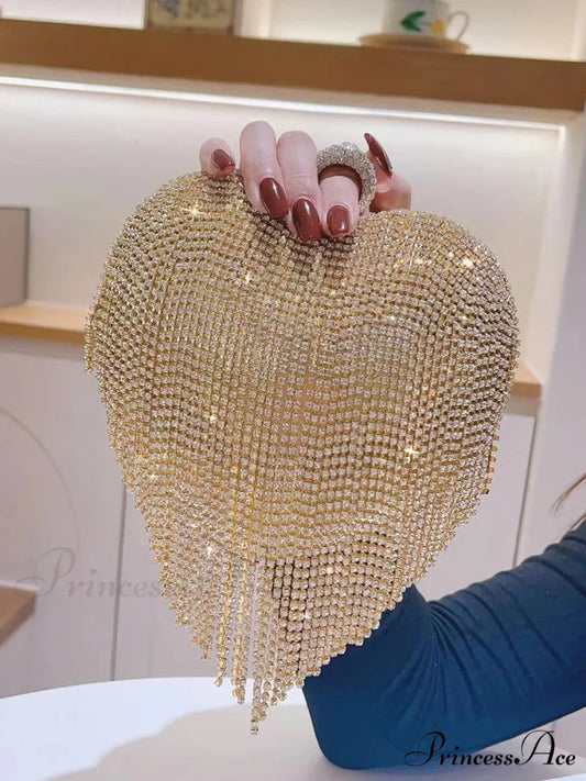 Heart Shaped Sparkling Clutch Evening Opulent Gem Wedding Purse Gold clutchbag-250126
