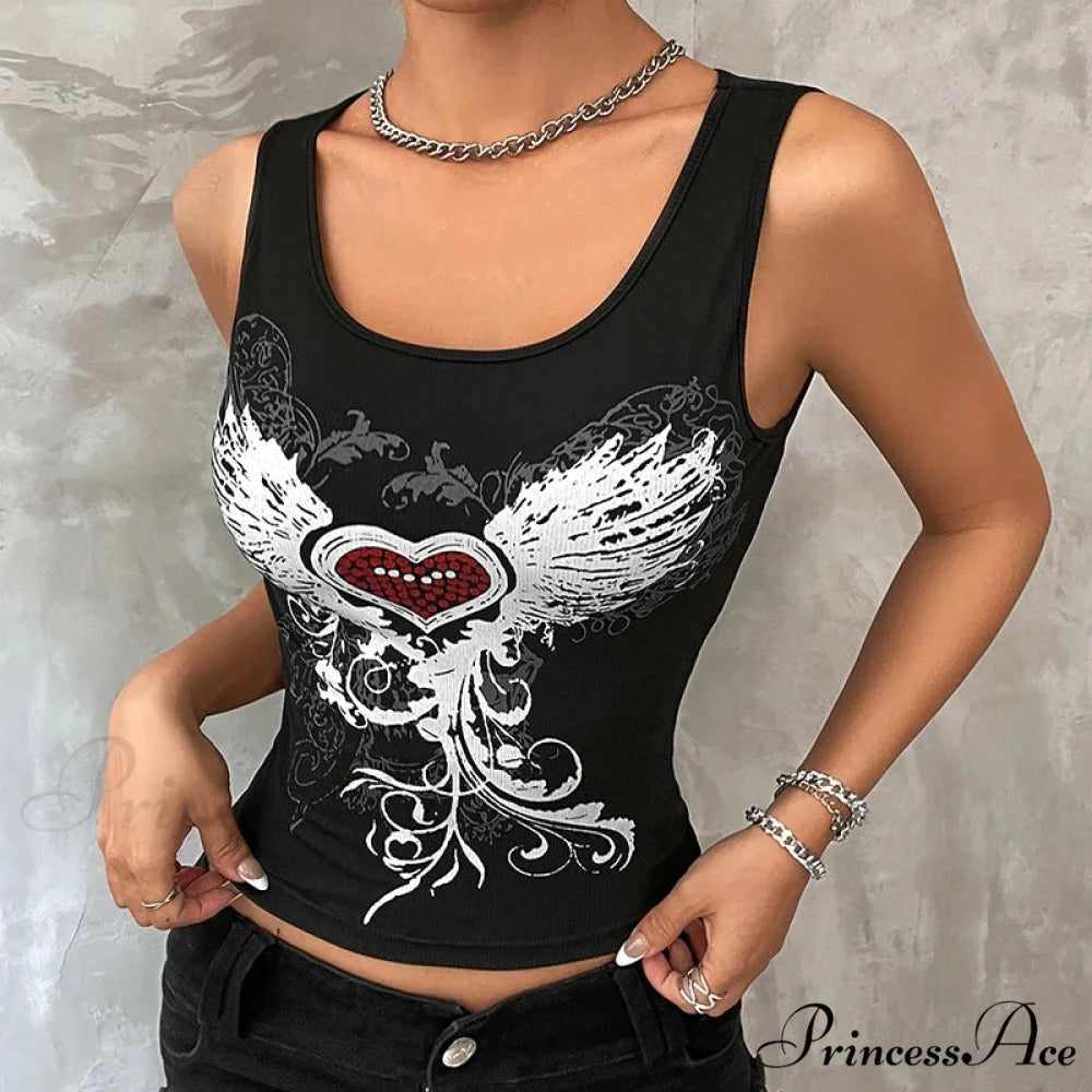 Heart & Wings Printed Gothic Dark Fairy Grunge Crop Top Black / S
