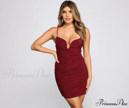 Hearts Racing Stylish Ruched Mini Dress BURGUNDY / XS