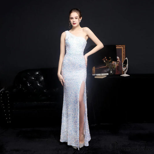 Heary dazzling sequined Charming one-shoulder asymmetric dress WHITE / XS