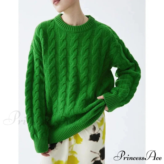Heavy weight Merino Woolen Versatile Lazy Loose Round Neck Twisted Flower Christmas Sweater Green / S
