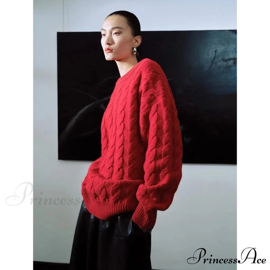 Heavy weight Merino Woolen Versatile Lazy Loose Round Neck Twisted Flower Christmas Sweater Red / S