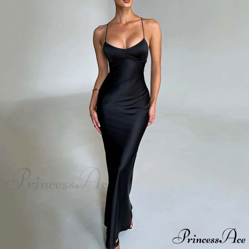 Heidi Formal Stylish Satin Lattice Dress Black / S