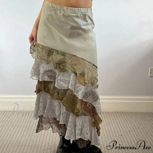 HEYounGIRL Y2K Aesthetic Lace Tiered Irregular Skirt Mori Girl Modified Title: YOUNGIRL Y2K Aesthetic Lace Layered