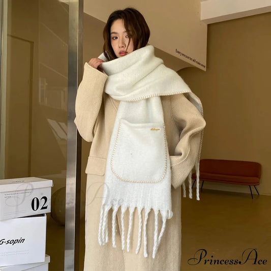 High-end Cashmere Monochrome Pocket Scarf white scarf-241228
