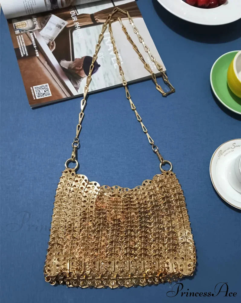 High-end Designer Handcrafted Metal Chain Purse Large Rose Gold4 shoulder-250126