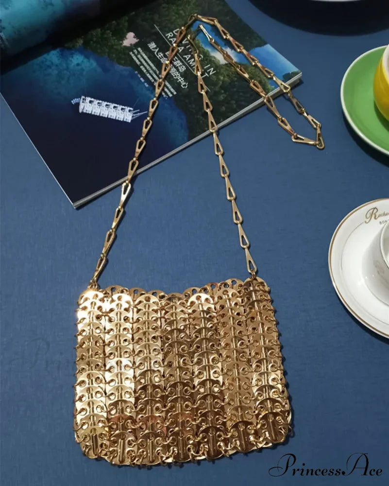 High-end Designer Handcrafted Metal Chain Purse Medium Rose Gold shoulder-250126