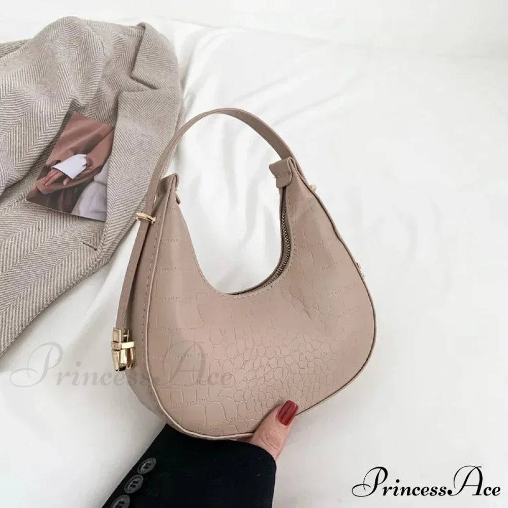 High-end PU Leather Petite Shoulder Clutch Bag Khaki-Alligator shoulder-250126