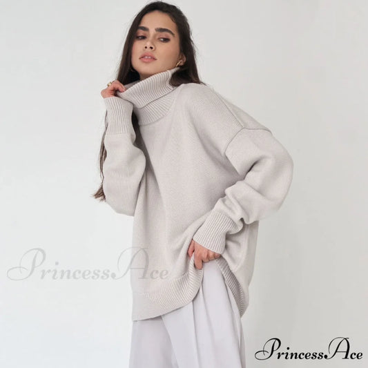 High Low Turtleneck Long Modern Sleeve Sweater - Black One Size / Gray