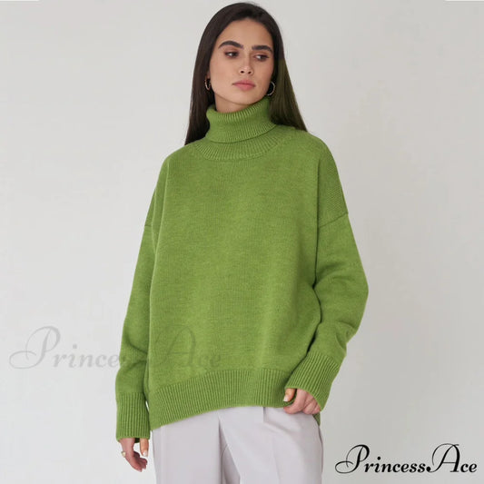High Low Turtleneck Long Modern Sleeve Sweater - Gray One Size / Olive