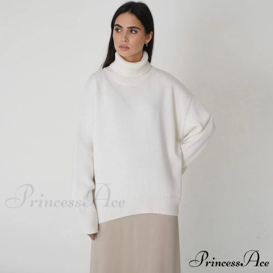 High Low Turtleneck Long Modern Sleeve Sweater - Olive One Size / White