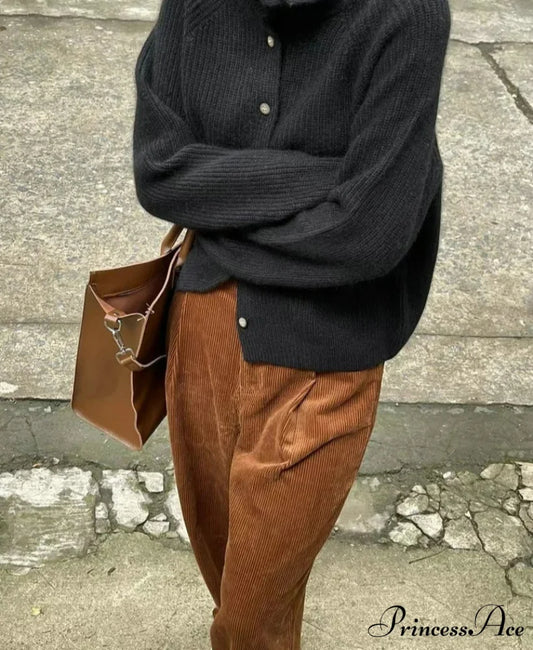 High-neck Baggy Button-up Sweater Black / One Size cardigans-241228