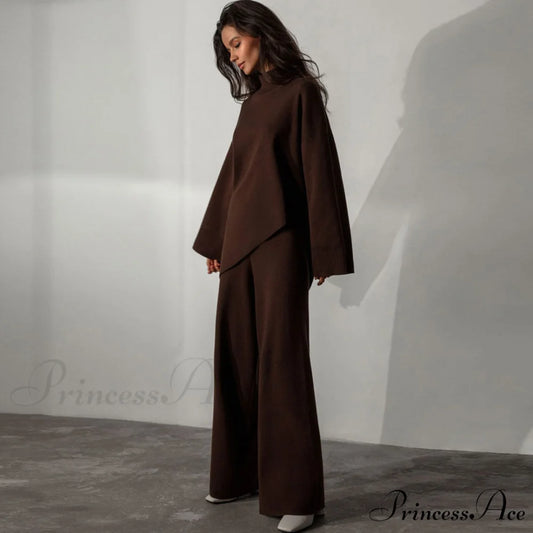 High Neck Bell Sleeve Sweater Wide Sophisticated Leg Pants Matching Set - Caramel S / Chestnut