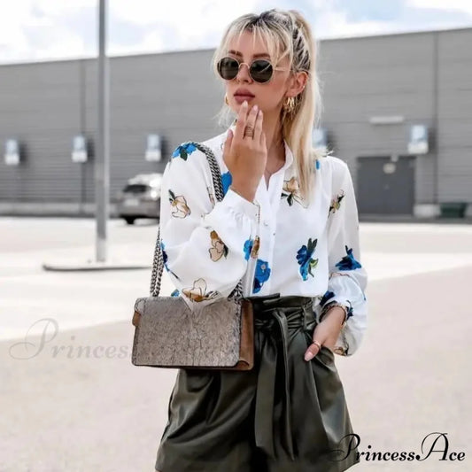 High Neck Flower Pattern Puff Sleeve Top Blue / S blouse-250126