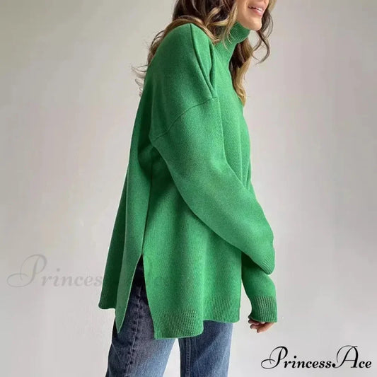 High-neck Informal Long-Sleeved Knitted Jumper Green / S swraters-241228