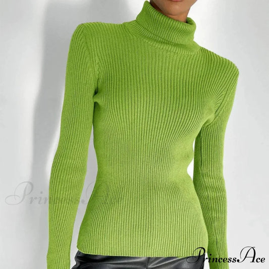 High-neck Slender Pullover Extended Sleeve Sweater Green / M swraters-241228