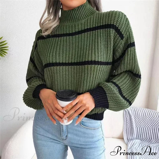 High-necked Lantern Sleeve Sophisticated Jumper Green / One Size swraters-241228