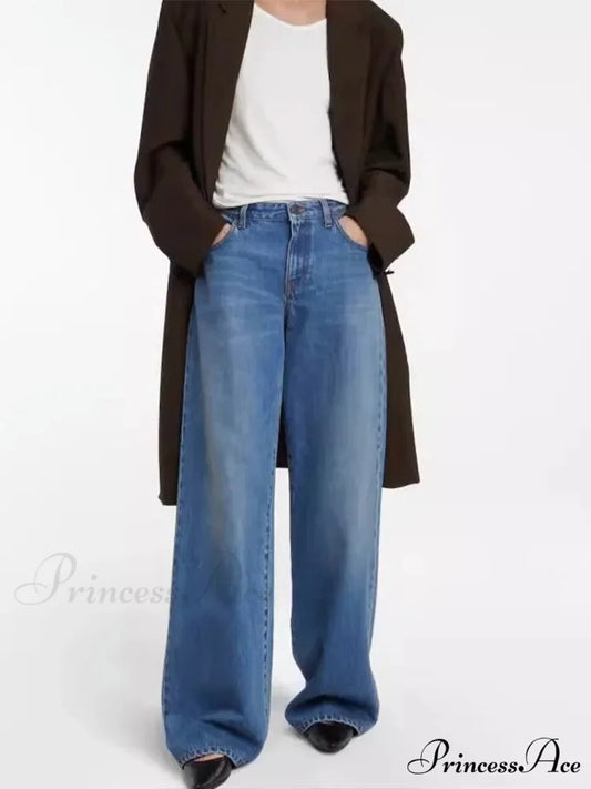 High Quality Autumn New Floor-length Denim High-waisted Minimalist Style Loose Wide-leg Jean Blue / 24