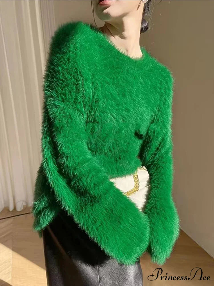 High Quality Soft Loose Knit Long Sleeve Green Christmas Sweater Green / S