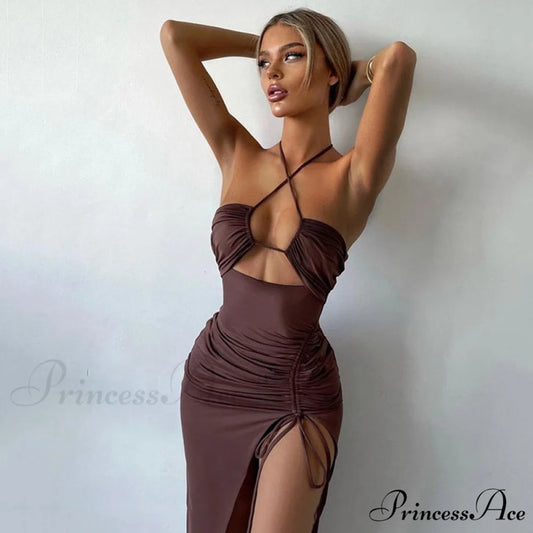 High Split Cowl Neck Open Classic Back Mini Dress - Multicolor M / Brown