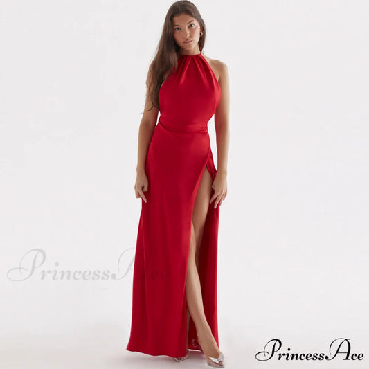 High Split Sleeveless Evening Modern Maxi Dress - Black S / Red