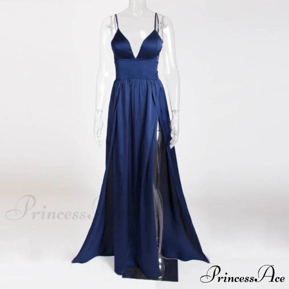 High Splits Red Satin Night Club Party Dress Navy blue / XS