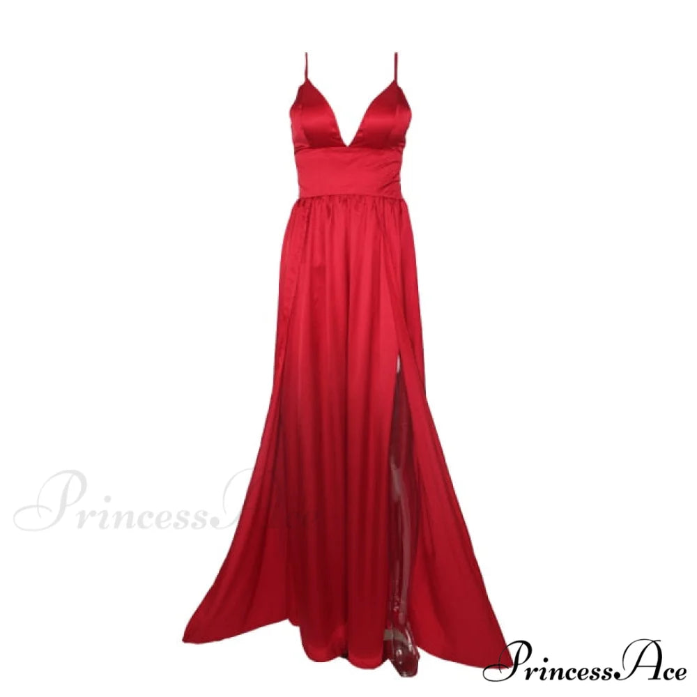 High Splits Red Satin Night Club Party Dress Red / XS