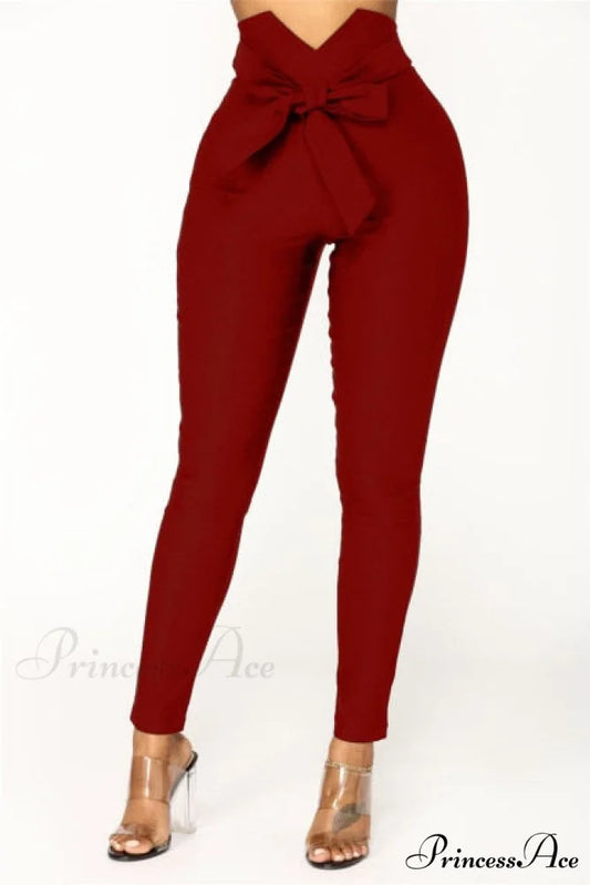 High Waist Casual Pants Burgundy / S