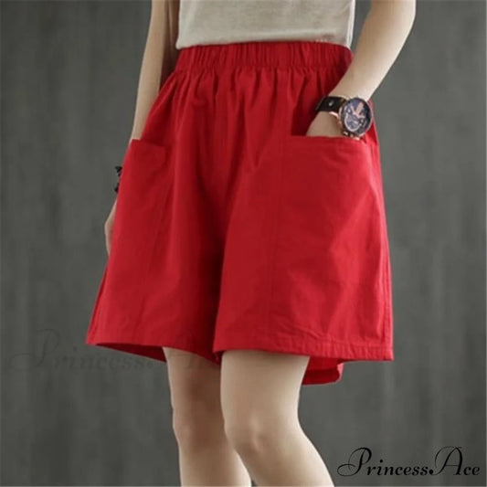 High Waist Cotton Loose Casual Thin Shorts Red / XXXL