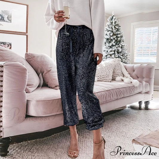 High Waist Sequin Long Pants Black / S