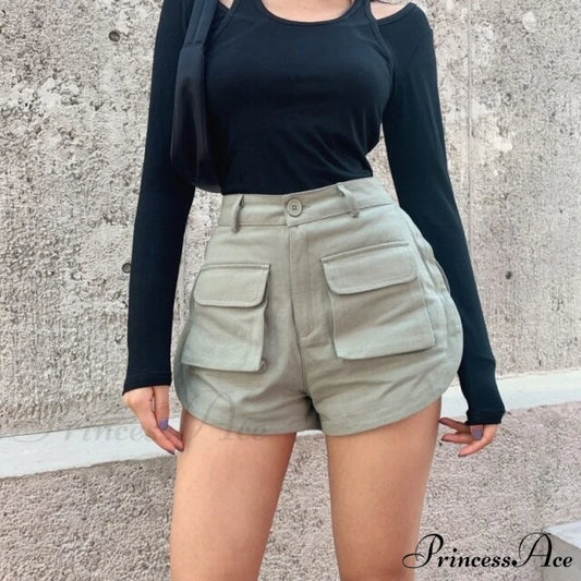 High Waist Slim Curved Split Design Short Light Green / S