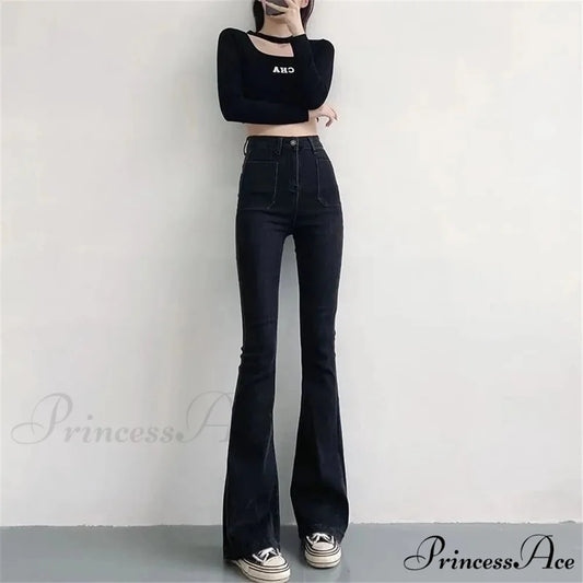 High Waist Stretch Slim Flared Women Bottom Straight Spring Autumn Denim Pants Female Fashion Streetwear Jeans Black / S