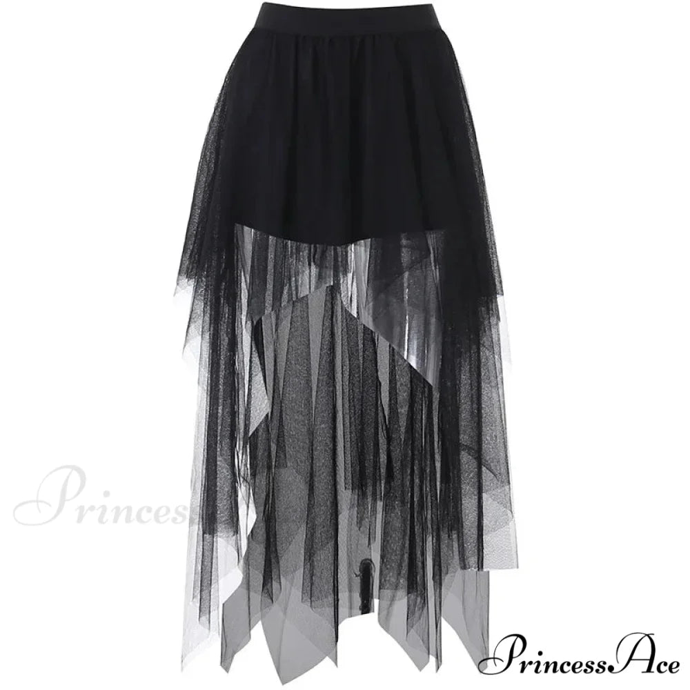 High Waisted Irregular Net Yarn Summer Gothic Casual Sexy Clothes Skirt BLACK / S
