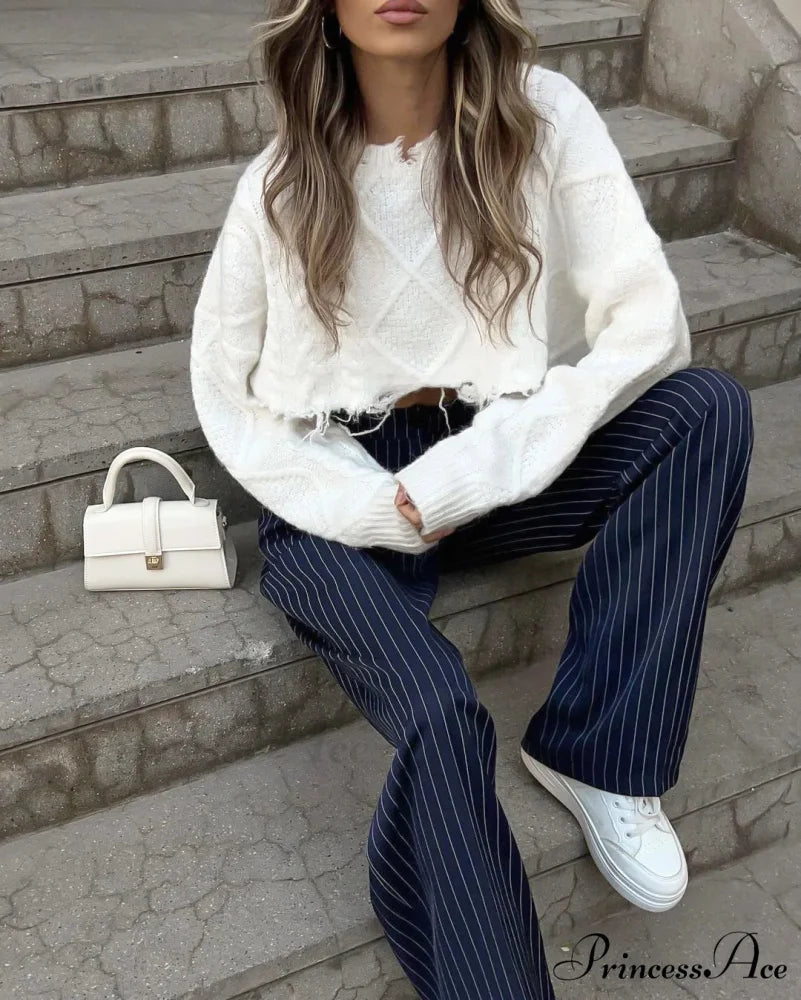 High Waisted Straight Leg Wide Leg Navy Striped Casual Pants