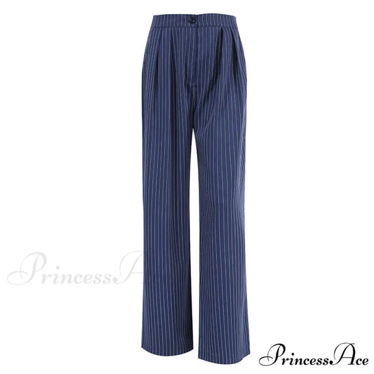High Waisted Straight Leg Wide Leg Navy Striped Casual Pants BLUE / S