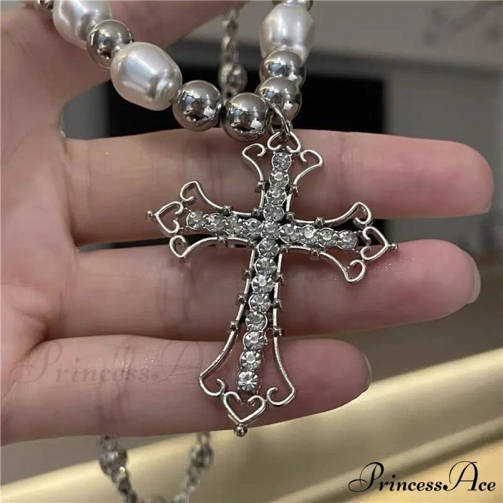 Hip-hop Retro Pearl Punk Dark Gothic Cross Pendant Necklace SILVER