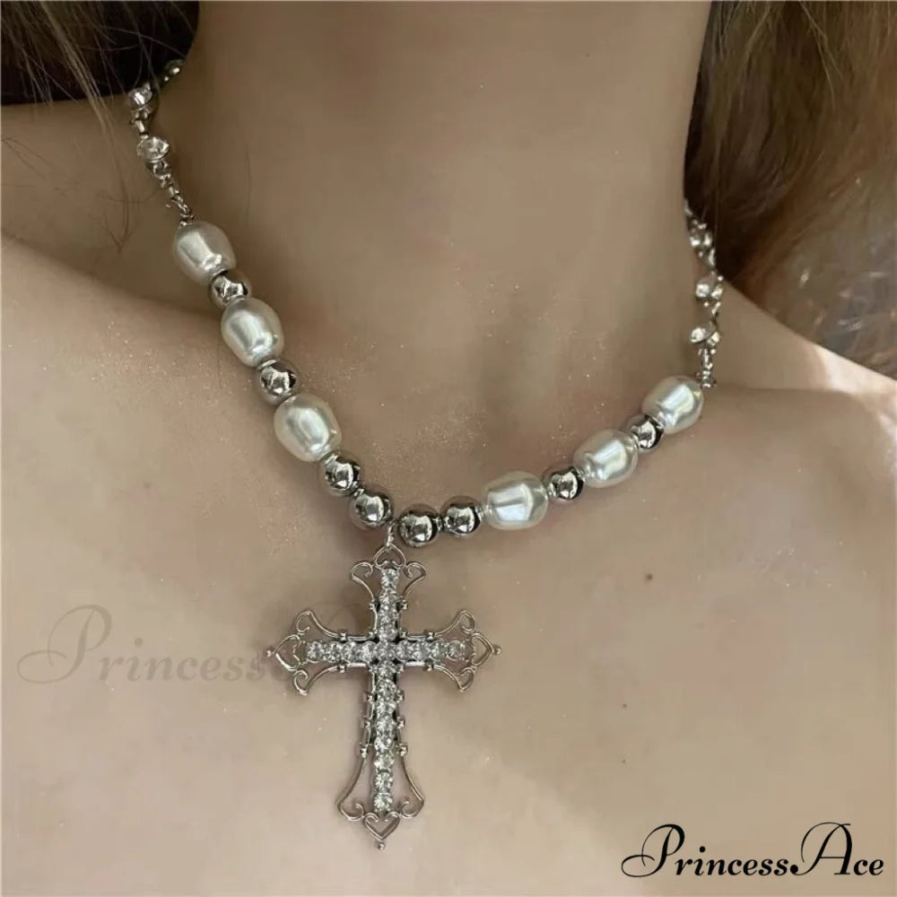 Hip-hop Retro Pearl Punk Dark Gothic Cross Pendant Necklace SILVER