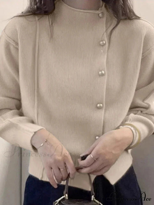 Holiday Crimson Puff Sleeve Button-Up Sophisticated Knitted Cardigan Beige / S cardiagn-250126