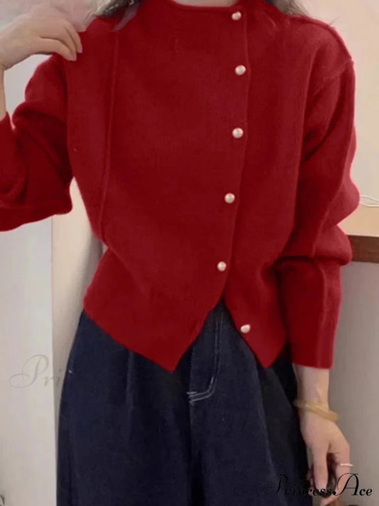 Holiday Crimson Puff Sleeve Button-Up Sophisticated Knitted Cardigan Red / S cardiagn-250126