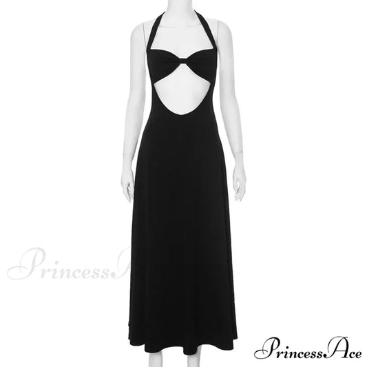 Hollow Backless Slim Sleeveless Party-ready Bandaged Evening Midi Dress Black / S