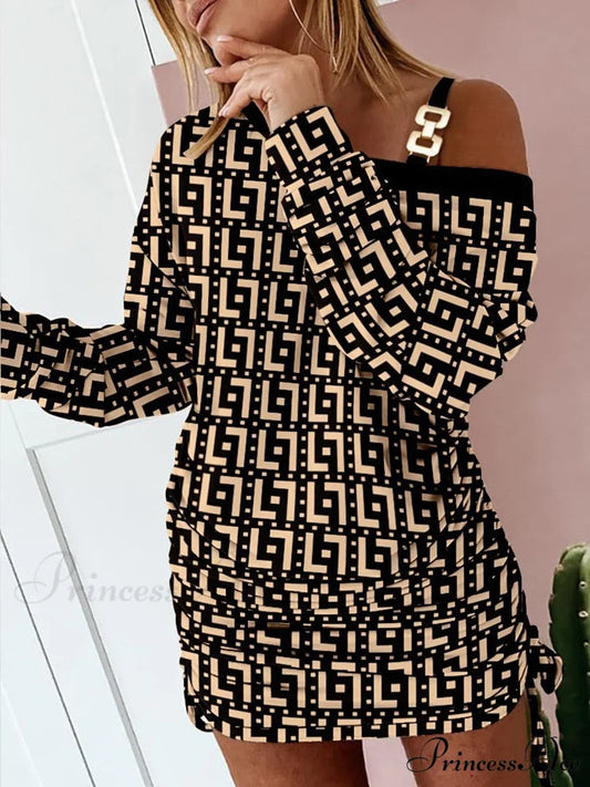 Hollow Off Shoulder Drawstring Casual Diagonal Collar Long Seeve Dress 01 Khaki Geometry / S