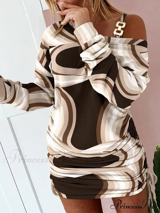 Hollow Off Shoulder Drawstring Casual Diagonal Collar Long Seeve Dress 05 Print / S