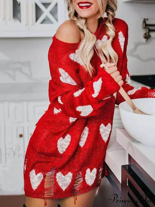Hollow Out Hole Charming Heart Sweater Dress Red / S