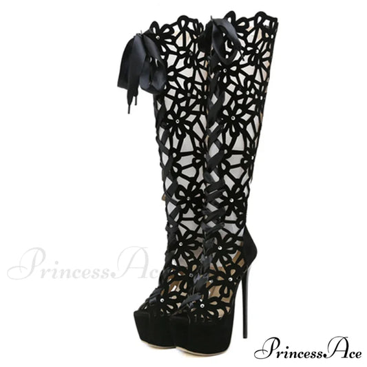 Hollow-Out Lace-Up Platform Knee-High Sexy Sandals Cross-Tie Peep-ToeFashionable High Heel Black / 35