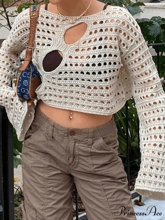 Hollow Out Logo Ribbed Modern Knit Cropped Tank Top Beige / S